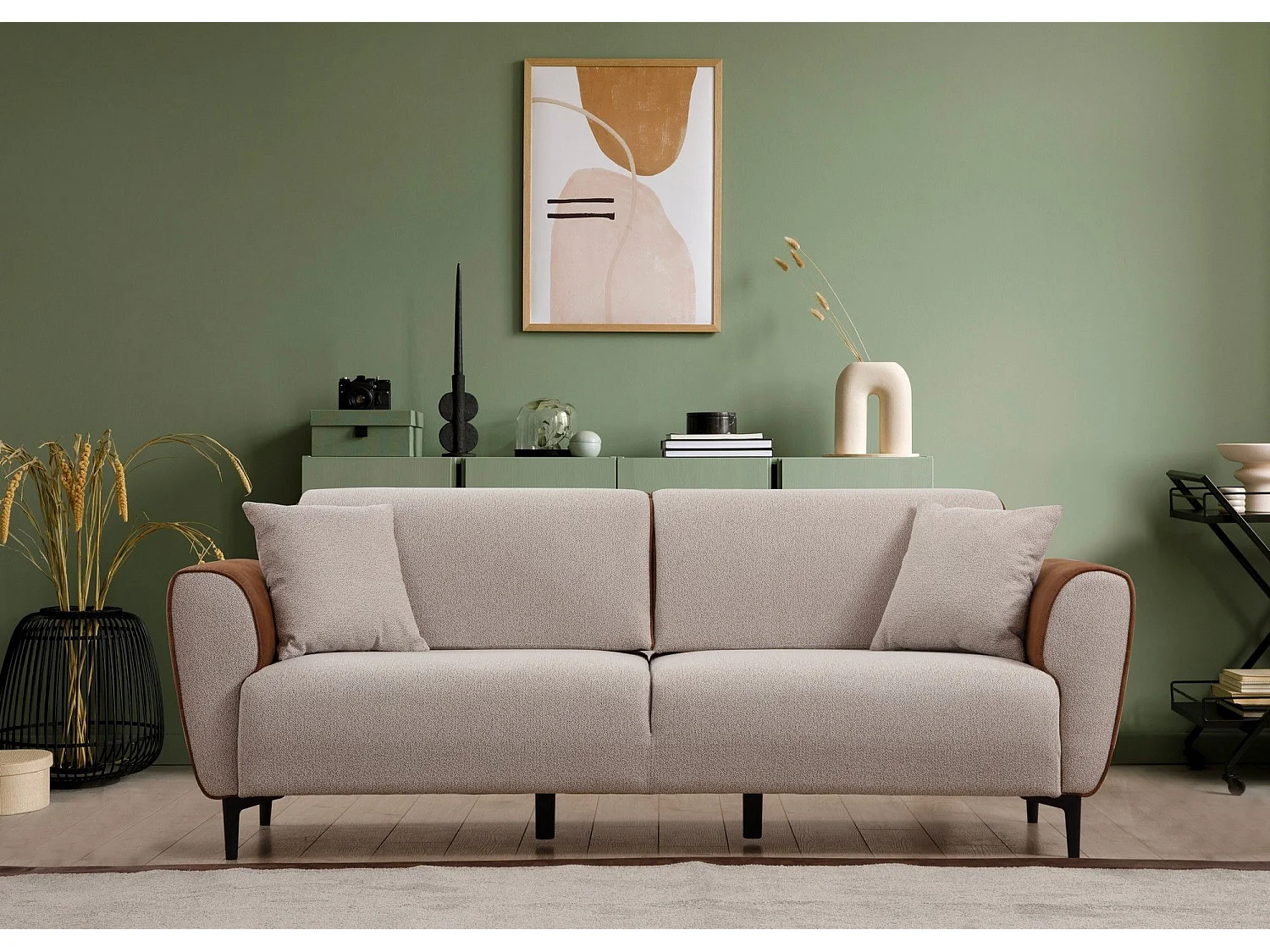 Canapé convertible 3 places Style Néo-rétro Softy Tissu bouclette Beige et Effet simili en Velours Brun