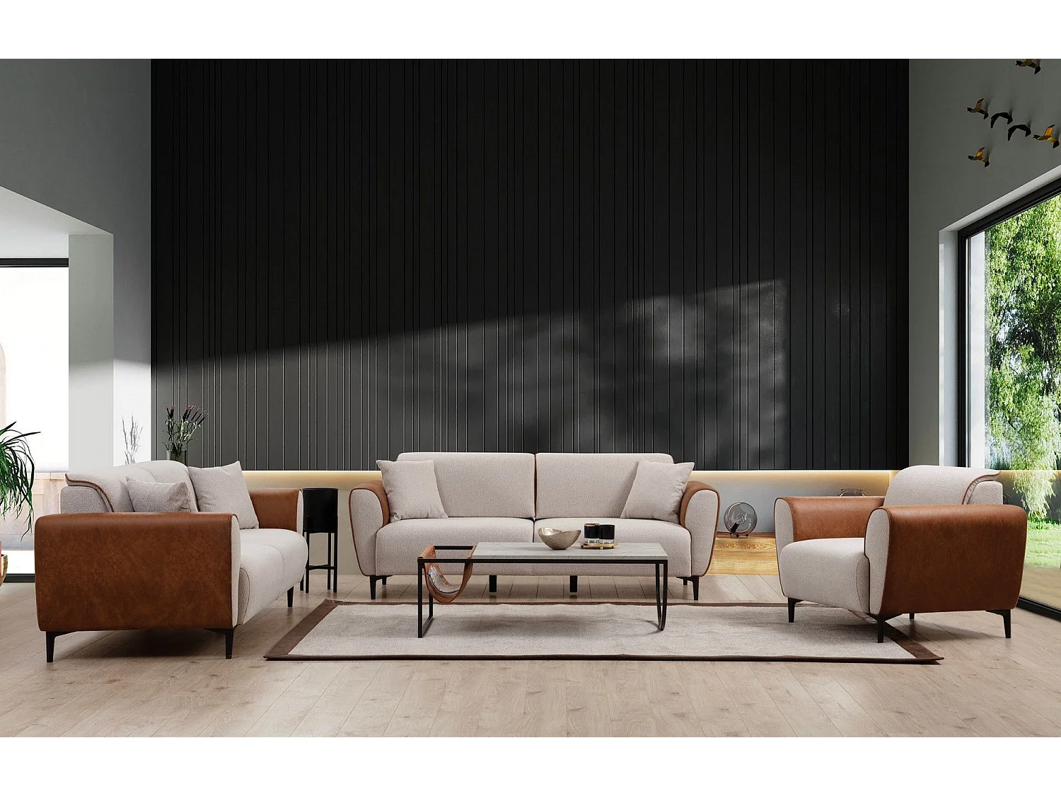 Canapé convertible 3 places Style Néo-rétro Softy Tissu bouclette Beige et Effet simili en Velours Brun