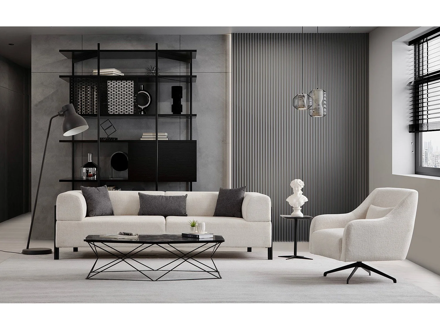 Canapé moderne 3 places Capertio Tissu Blanc et Métal Noir