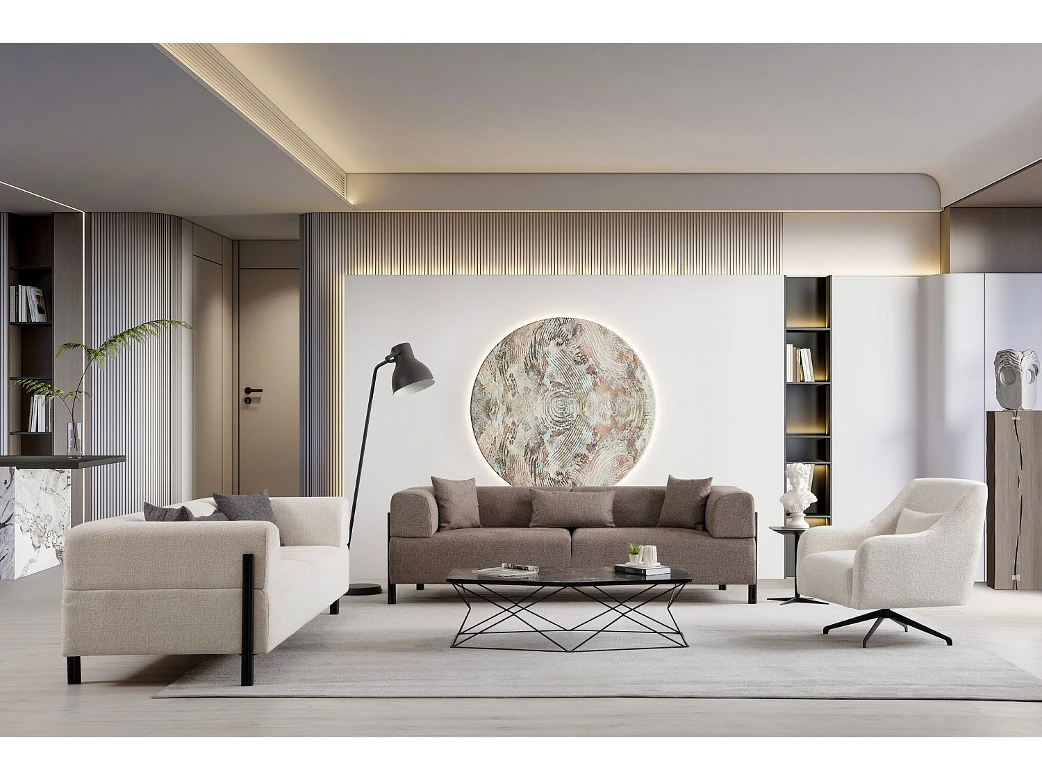 Canapé moderne 3 places Capertio Tissu Blanc et Métal Noir