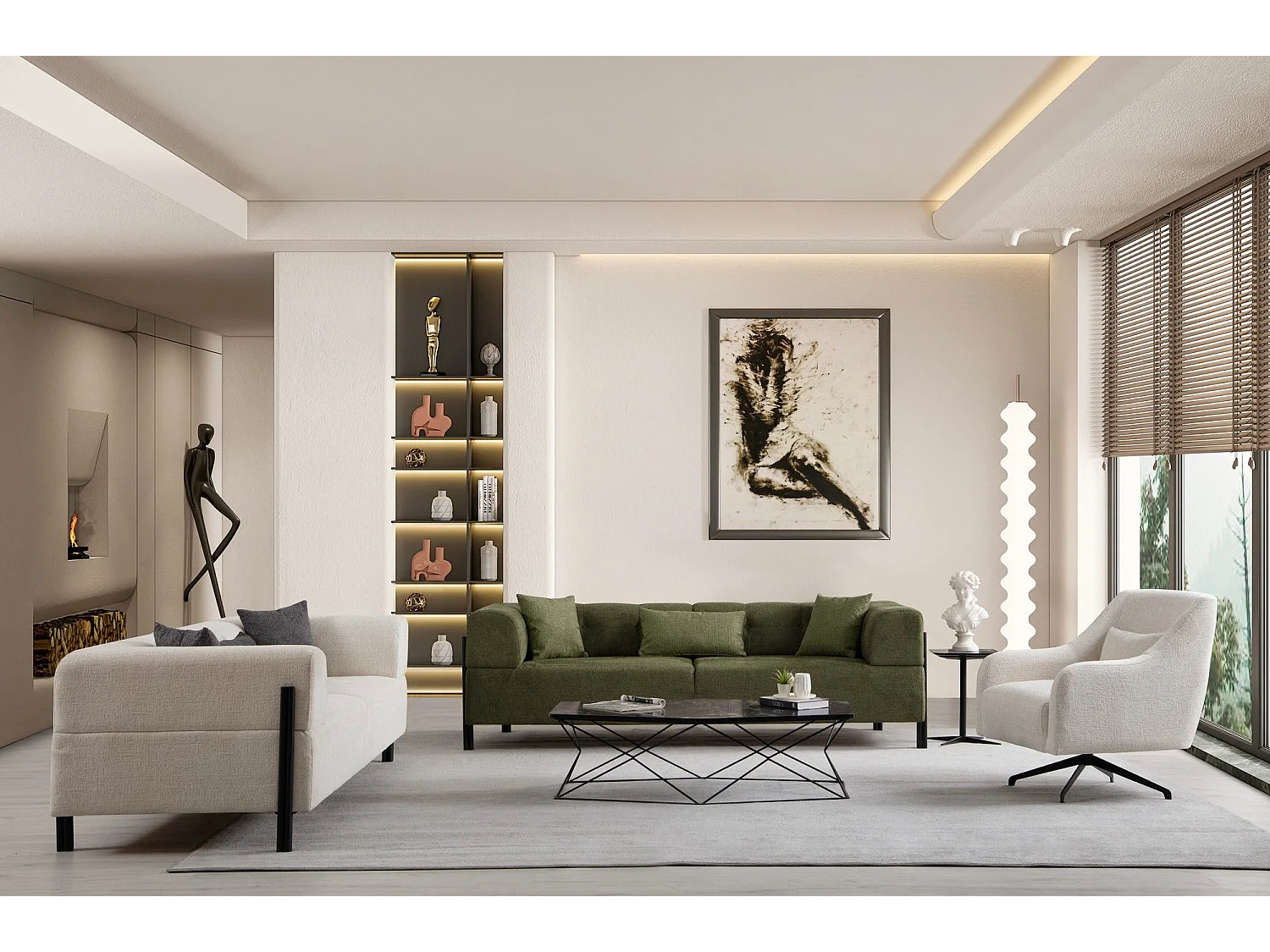 Canapé moderne 3 places Capertio Tissu Blanc et Métal Noir