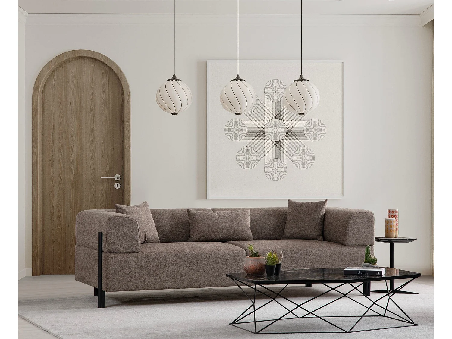 Canapé moderne 3 places Capertio Tissu Marron et Métal Noir