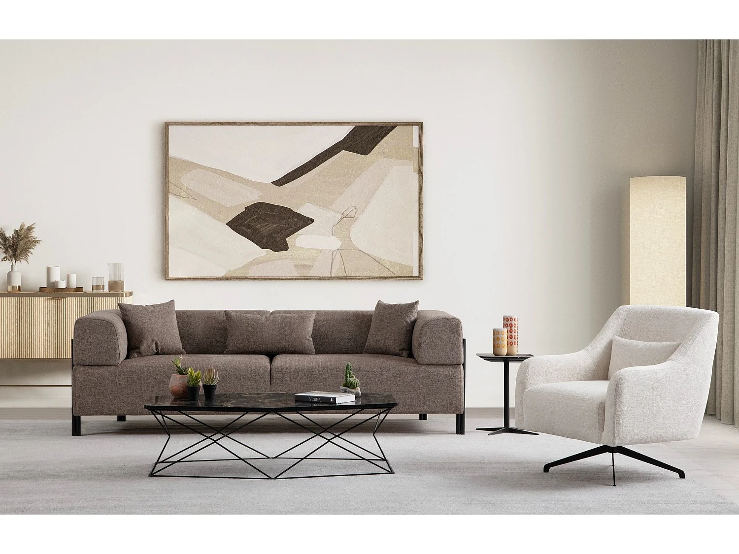 Canapé moderne 3 places Capertio Tissu Marron et Métal Noir