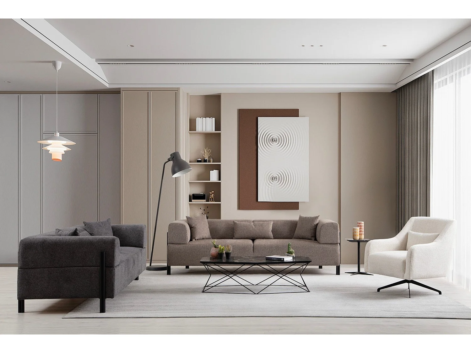 Canapé moderne 3 places Capertio Tissu Marron et Métal Noir