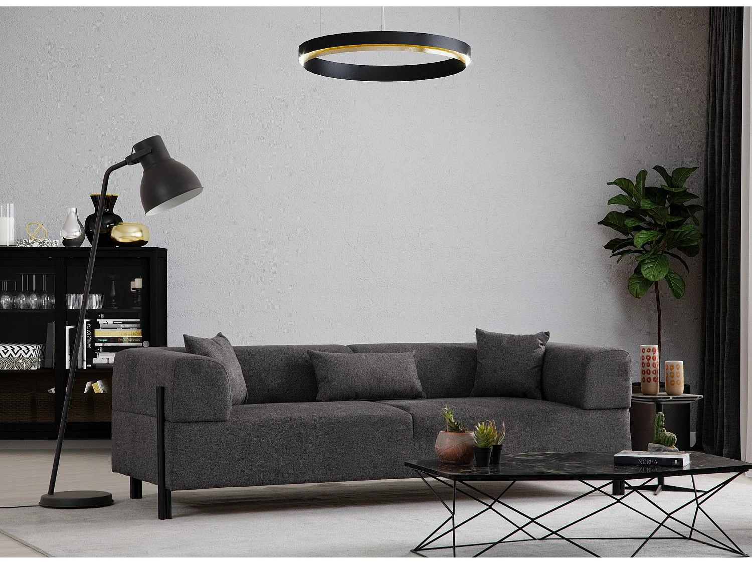 Canapé moderne 3 places Capertio Tissu Anthracite et Métal Noir