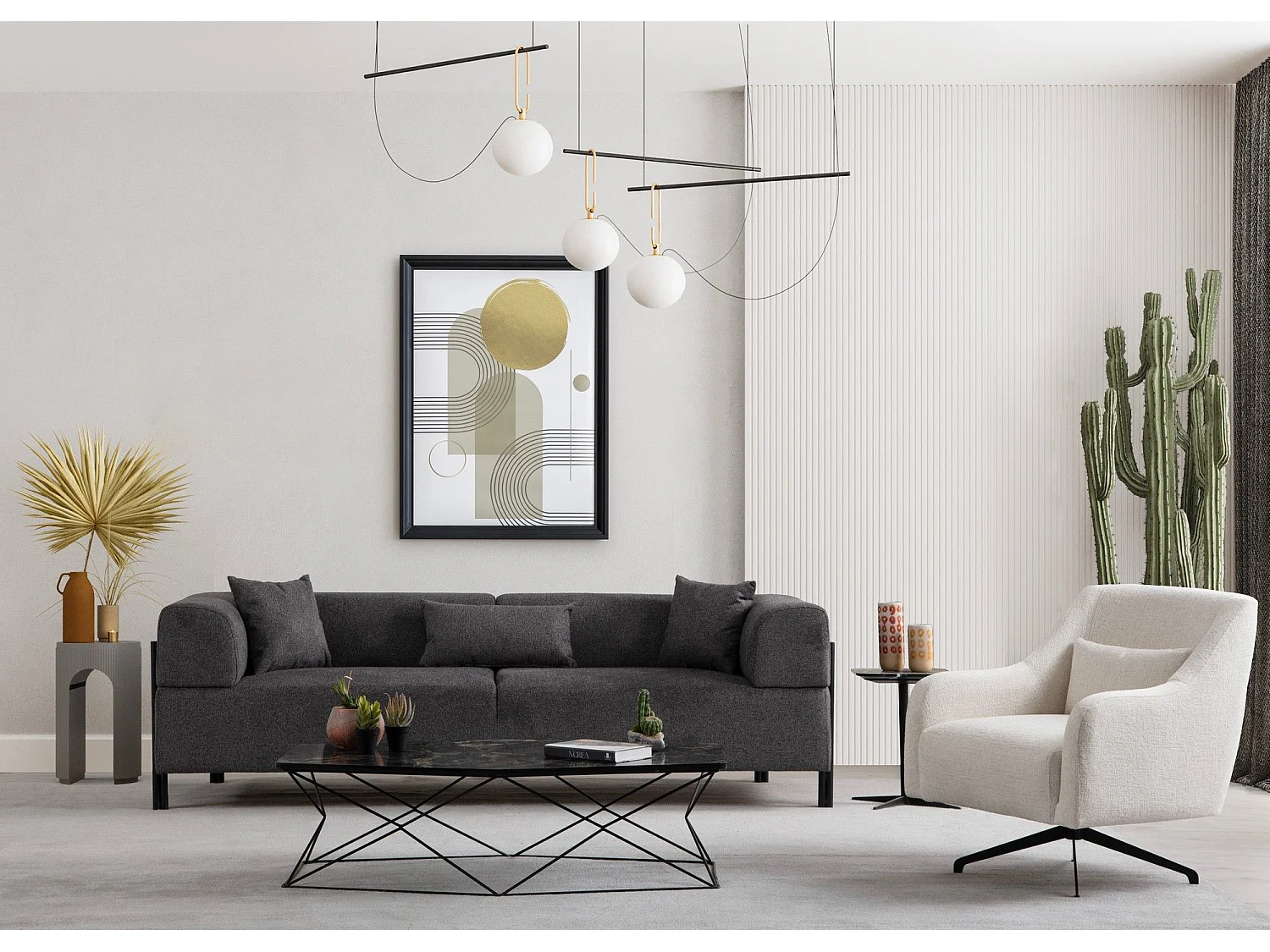 Canapé moderne 3 places Capertio Tissu Anthracite et Métal Noir