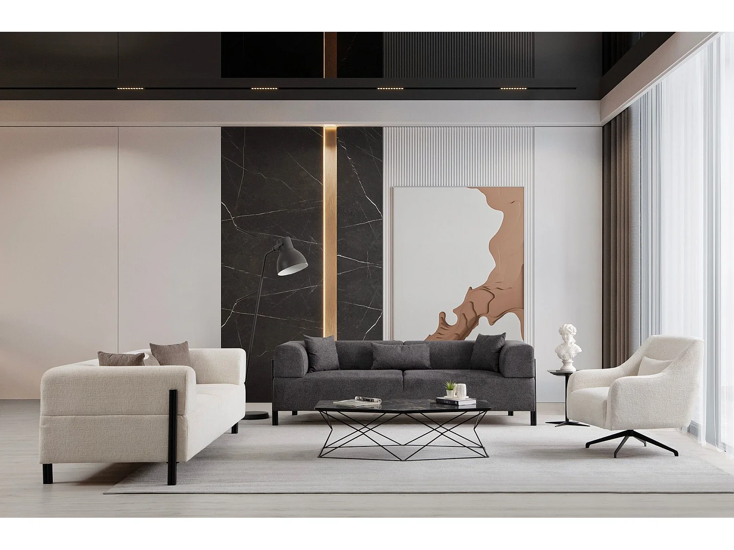 Canapé moderne 3 places Capertio Tissu Anthracite et Métal Noir