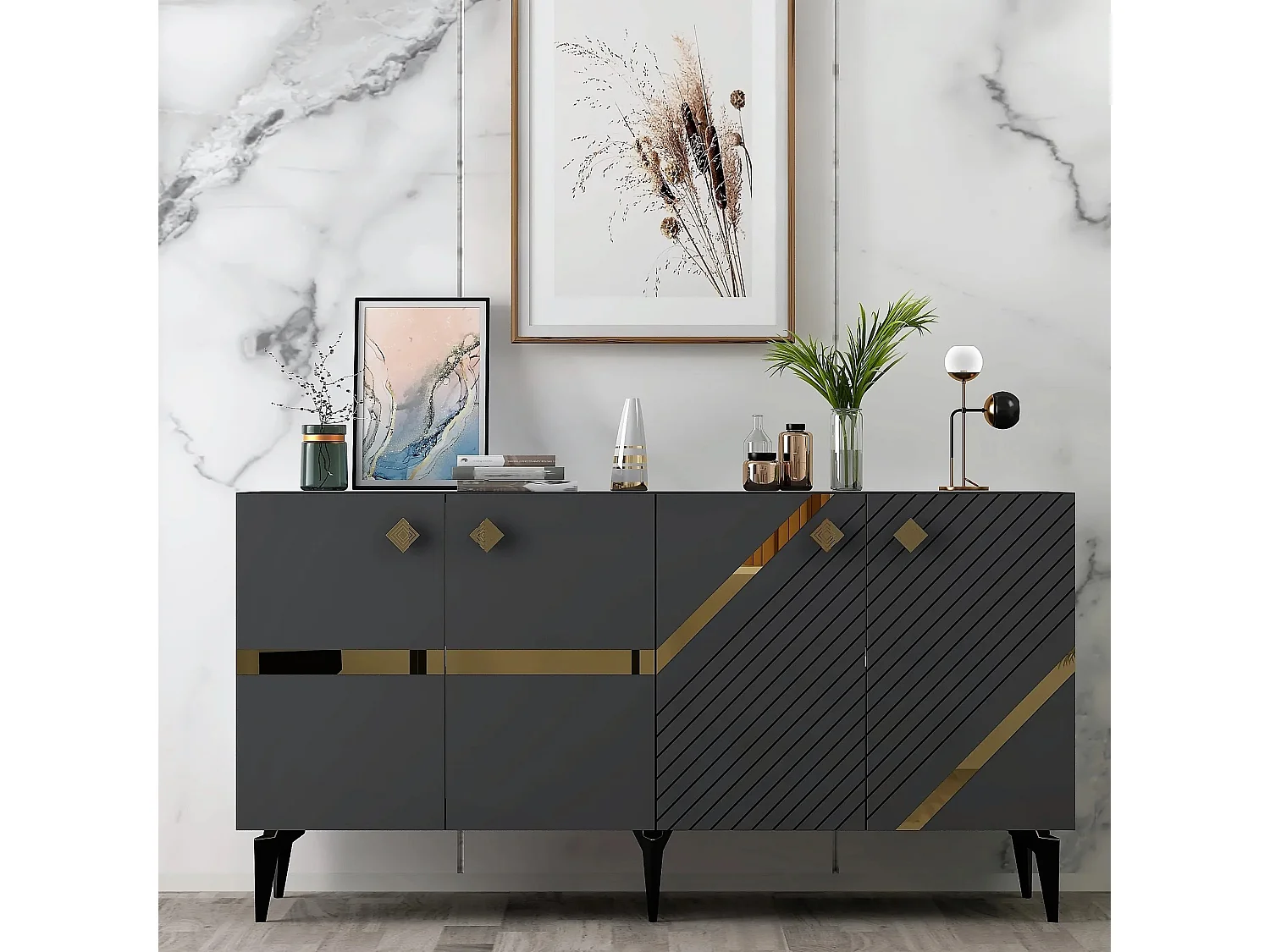 Aparador – 150cm x 40cm x 79cm – Antracite e Dourado – Melamina