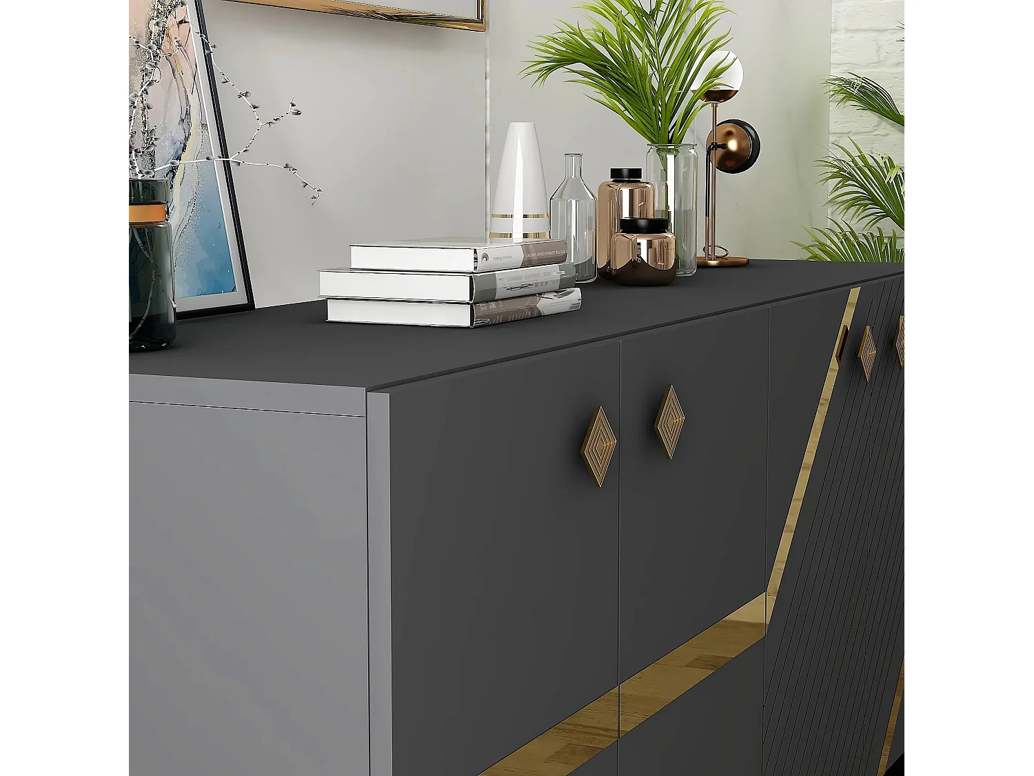 Aparador – 150cm x 40cm x 79cm – Antracite e Dourado – Melamina