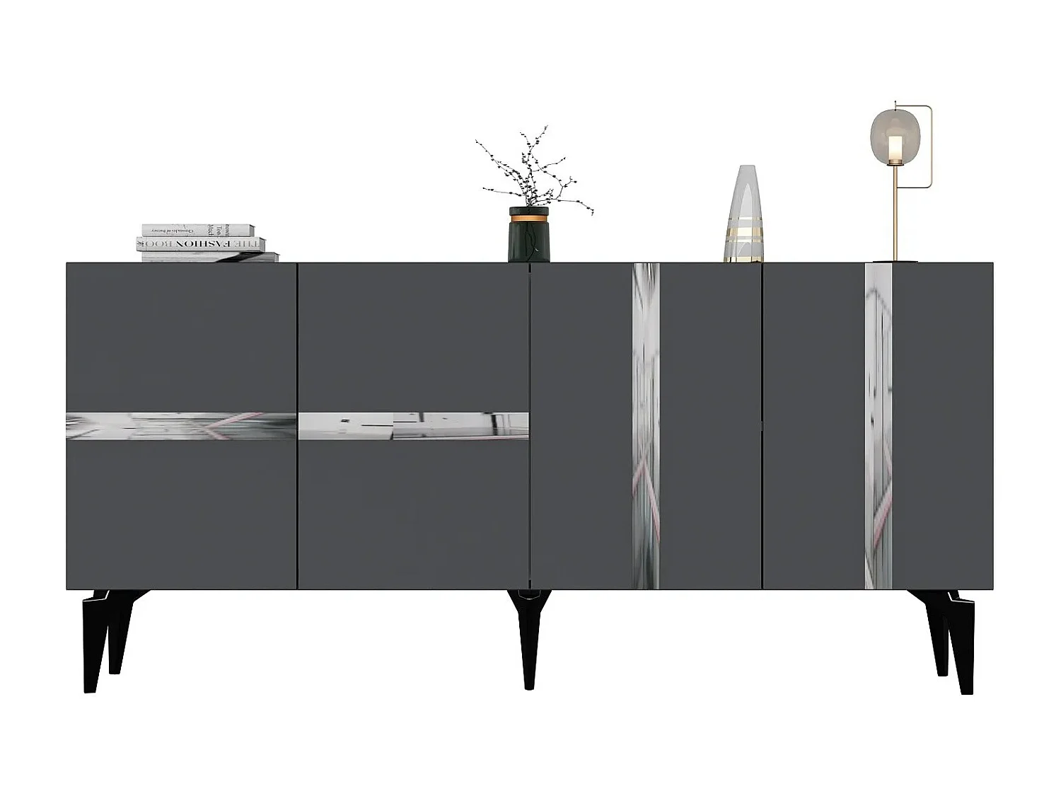 Buffet style art déco Vanda L150cm Anthracite et Effet miroir Argent