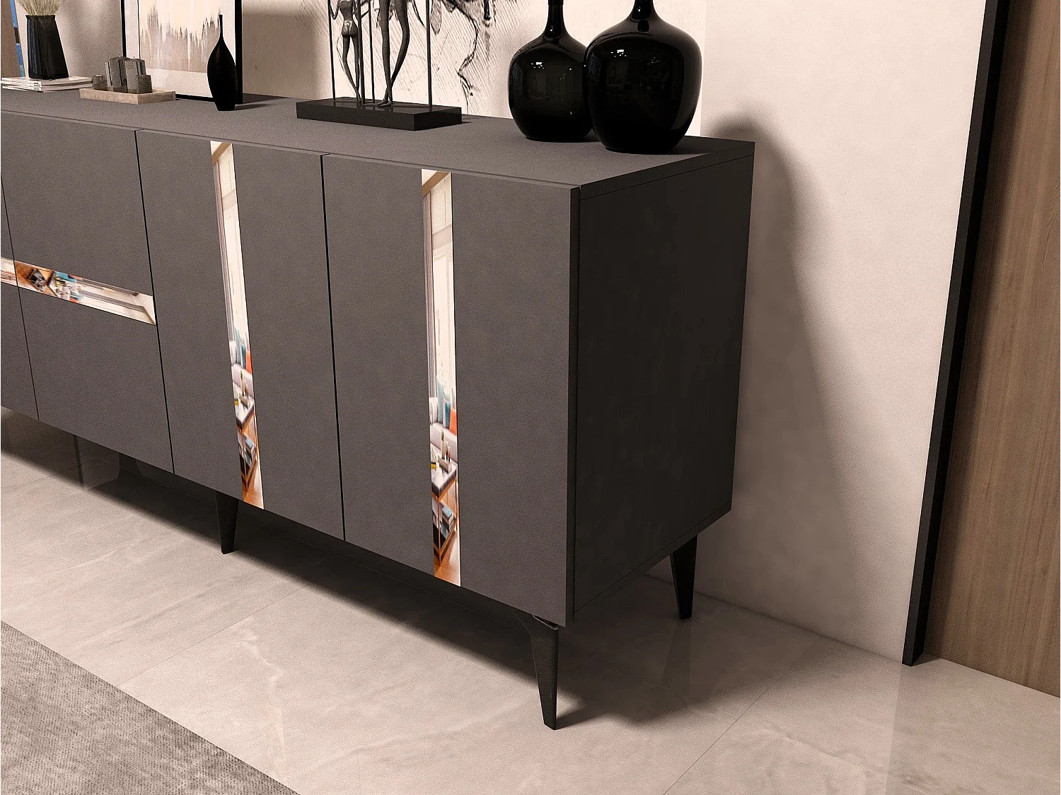 Buffet style art déco Vanda L150cm Anthracite et Effet miroir Argent