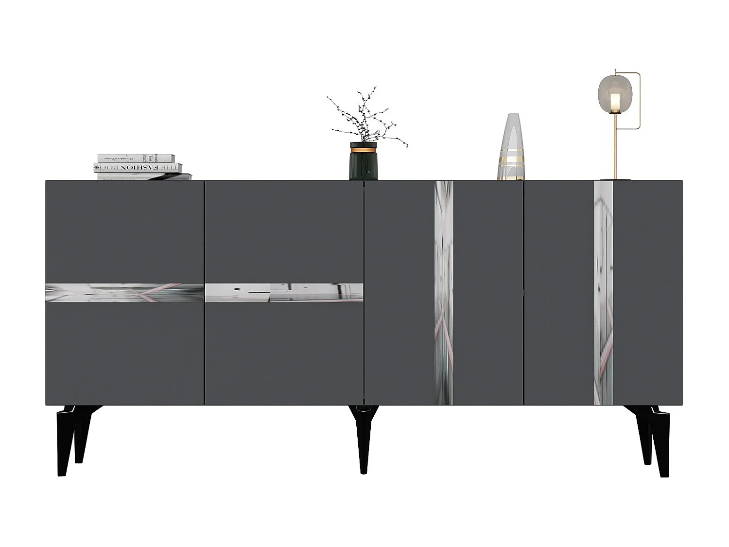 Buffet style art déco Vanda L150cm Anthracite et Effet miroir Argent