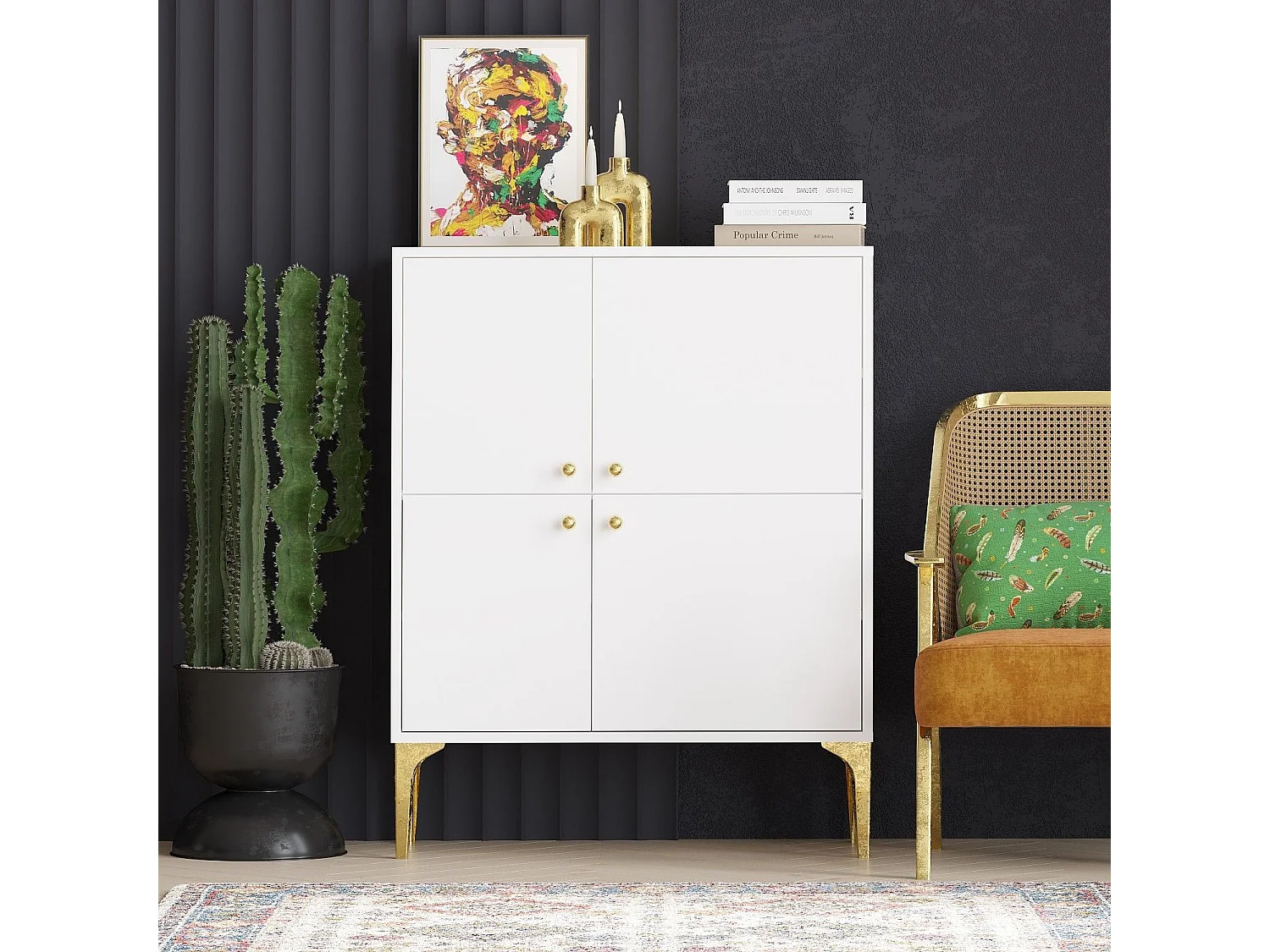 Aparador – 90 cm x 115 cm x 35 cm – Branco e dourado – Aglomerado de partículas revestido a melamina