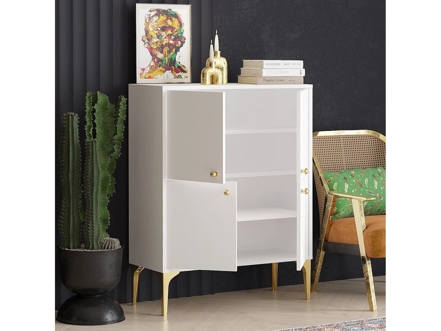 Aparador – 90 cm x 115 cm x 35 cm – Branco e dourado – Aglomerado de partículas revestido a melamina