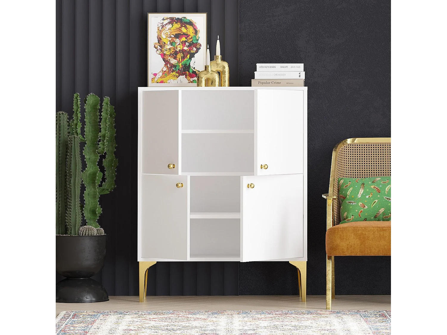 Aparador – 90 cm x 115 cm x 35 cm – Branco e dourado – Aglomerado de partículas revestido a melamina