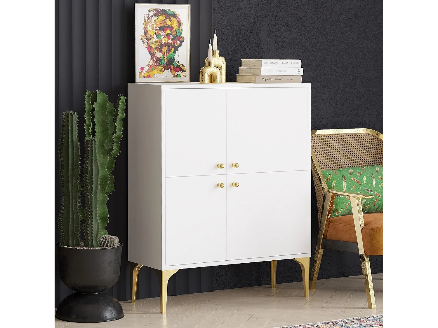 Aparador – 90 cm x 115 cm x 35 cm – Branco e dourado – Aglomerado de partículas revestido a melamina