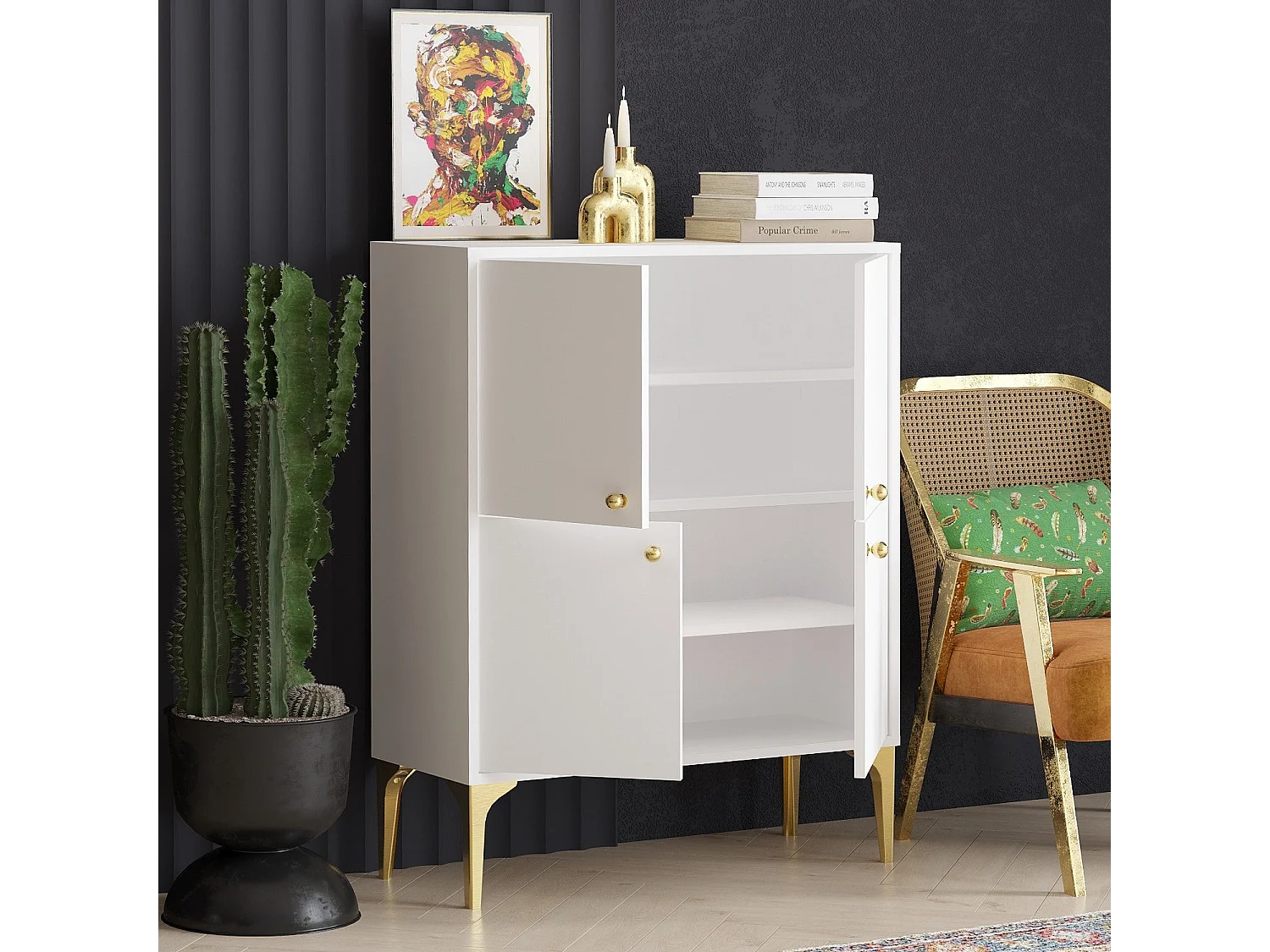 Aparador – 90 cm x 115 cm x 35 cm – Branco e dourado – Aglomerado de partículas revestido a melamina