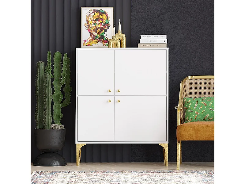 Aparador – 90 cm x 115 cm x 35 cm – Branco e dourado – Aglomerado de partículas revestido a melamina