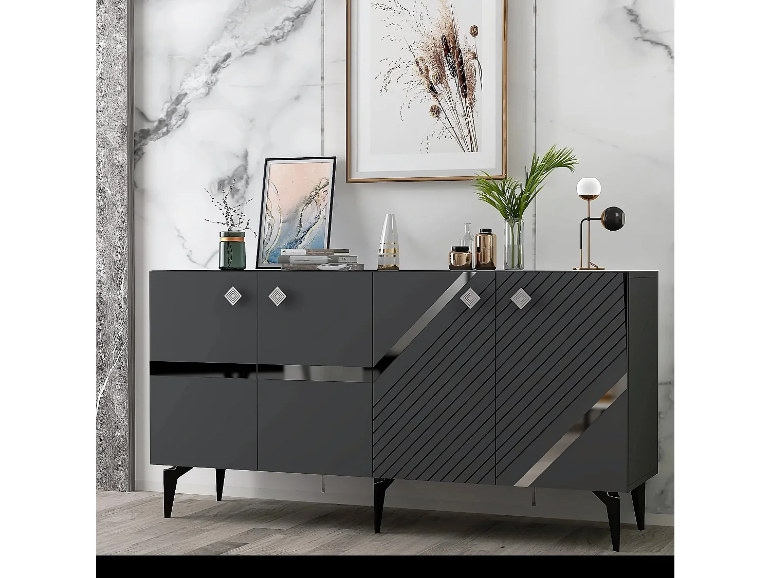 Buffet style art déco Ekizio L150cm Anthracite et Effet miroir Argent