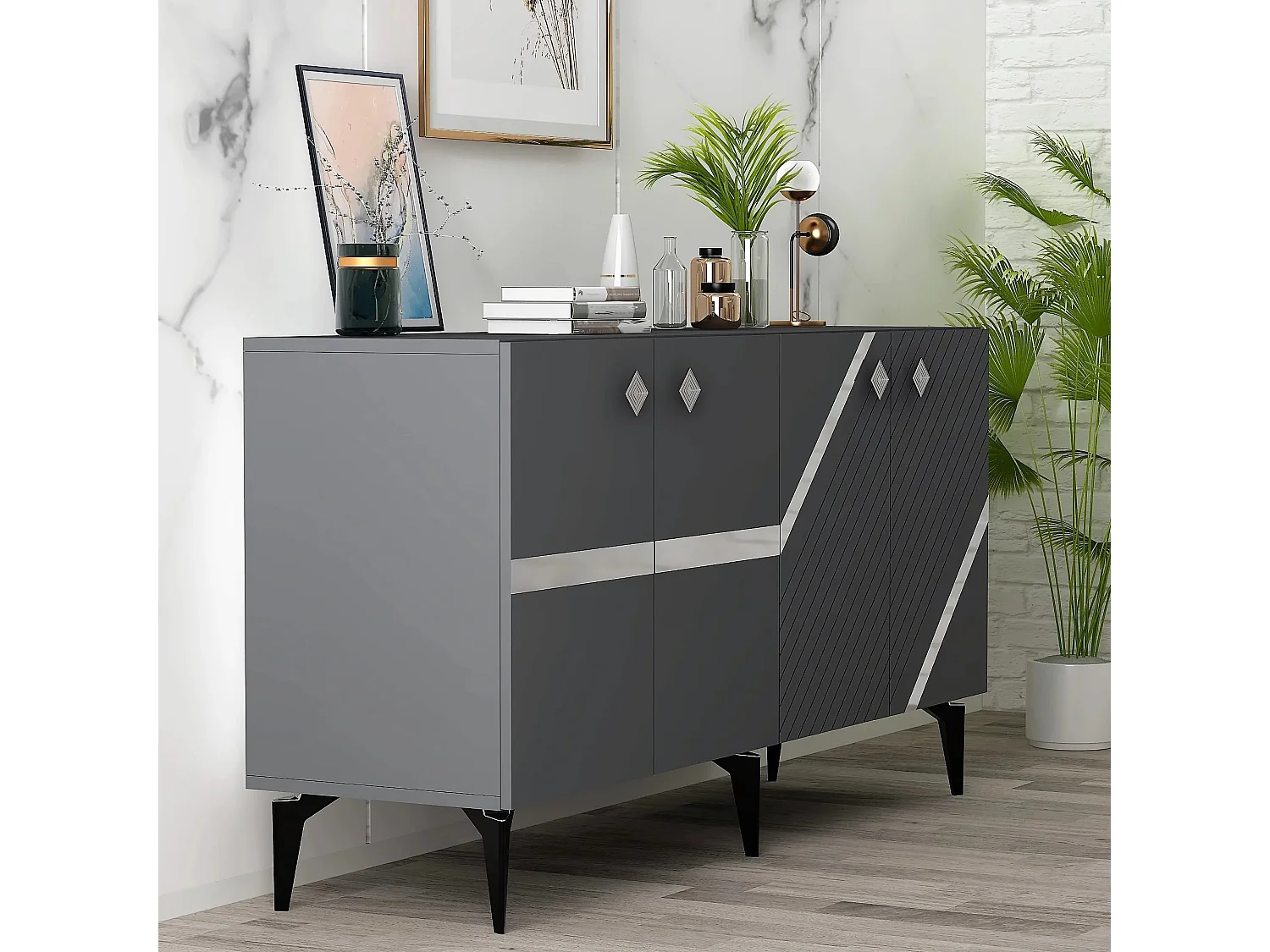 Buffet style art déco Ekizio L150cm Anthracite et Effet miroir Argent