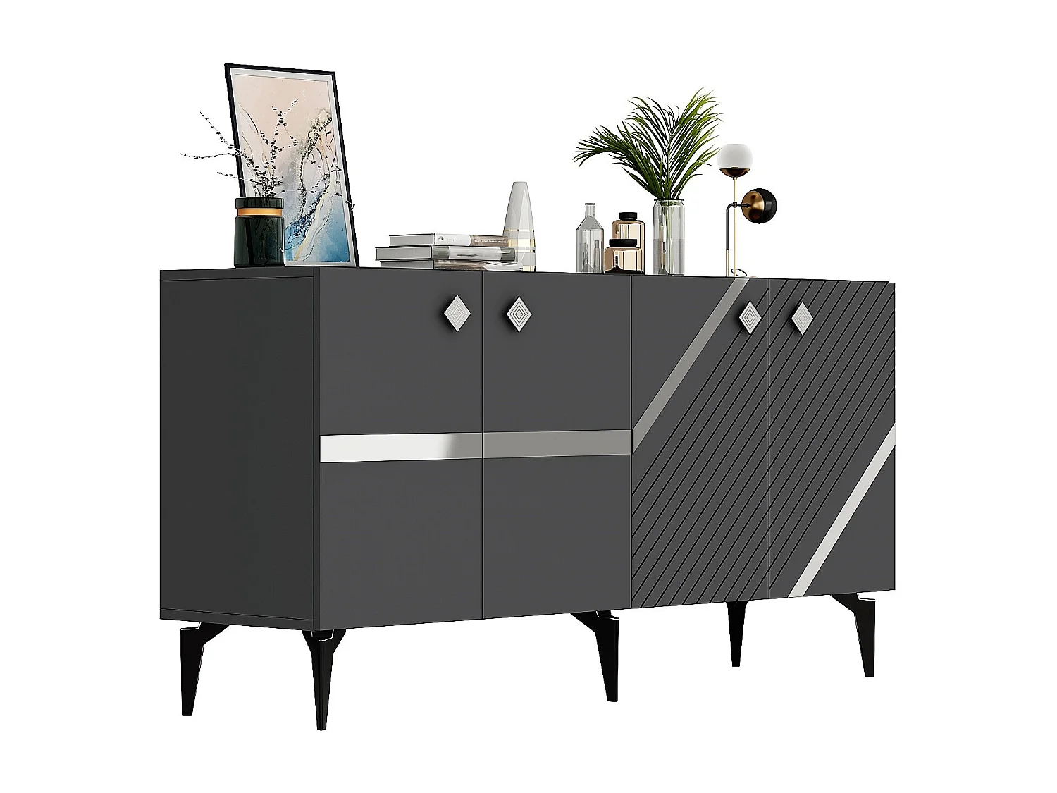 Buffet style art déco Ekizio L150cm Anthracite et Effet miroir Argent
