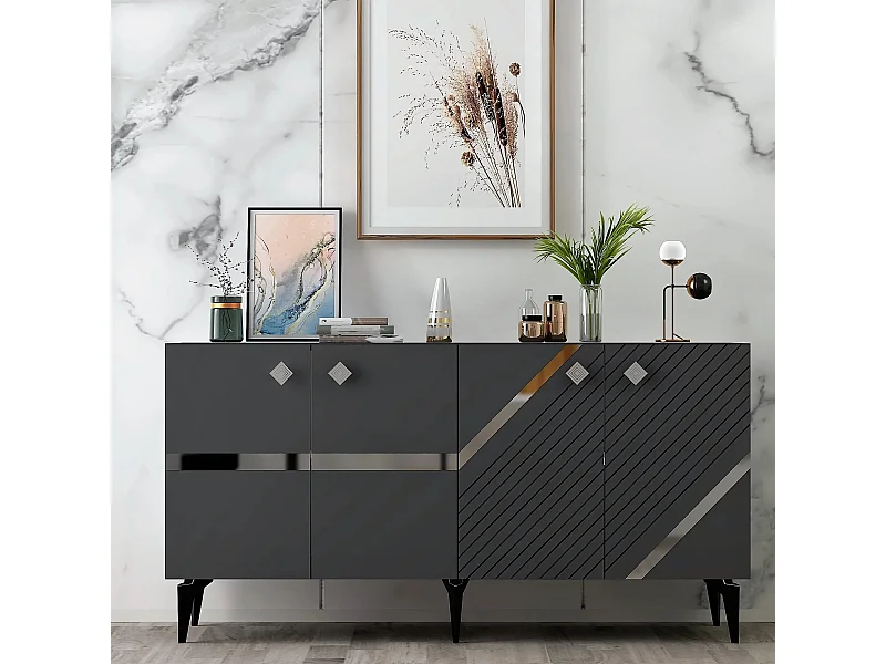 Dressoir – 150 x 40 x 79 cm – Antraciet en Zilver – Spaanplaat