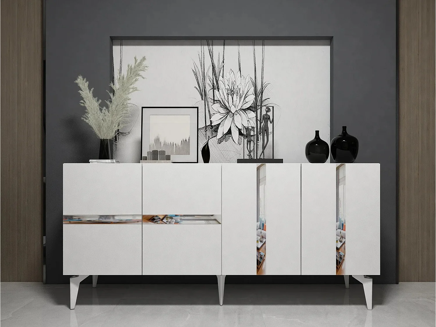 Aparador Elegante – 150 x 40 x 79 cm – Branco e Prateado – Painel de Partículas revestido a melamina