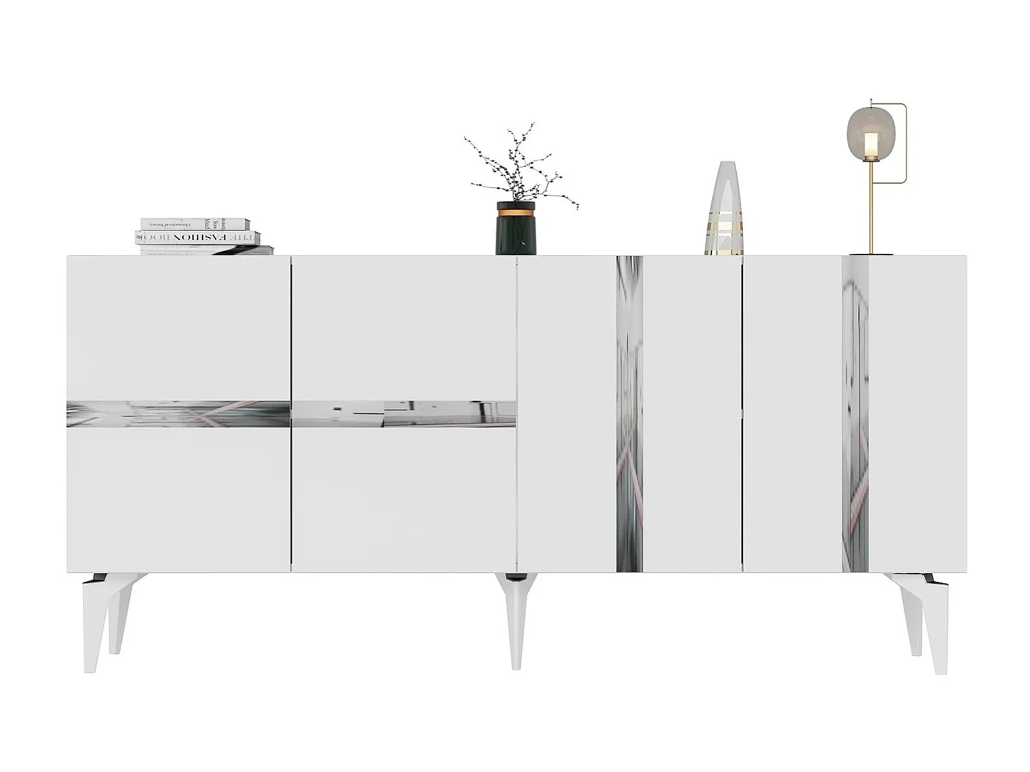 Aparador Elegante – 150 x 40 x 79 cm – Branco e Prateado – Painel de Partículas revestido a melamina