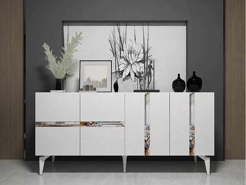 Aparador Elegante – 150 x 40 x 79 cm – Branco e Prateado – Painel de Partículas revestido a melamina