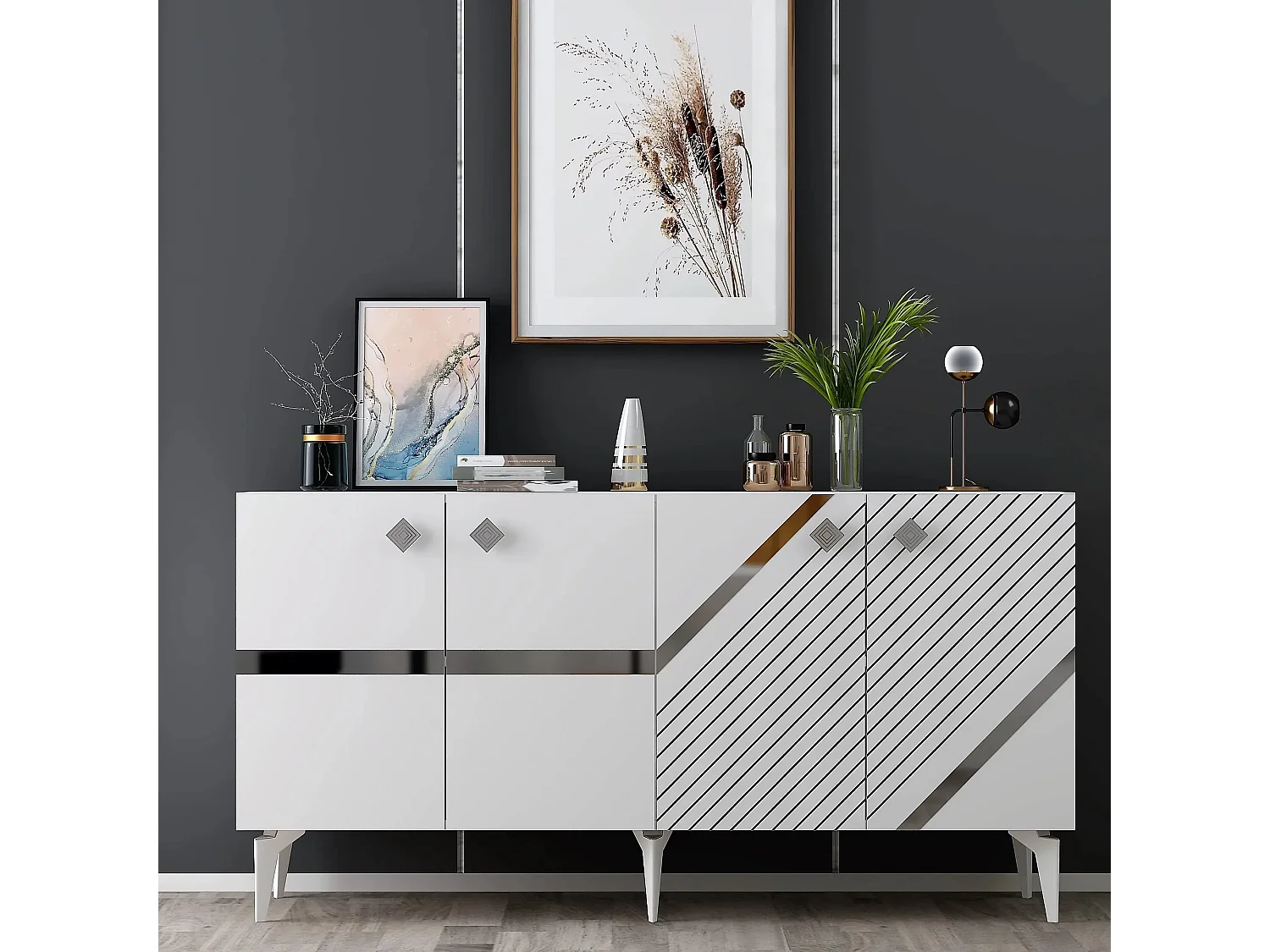 Buffet style art déco Ekizio L150cm Blanc et Effet miroir Argent