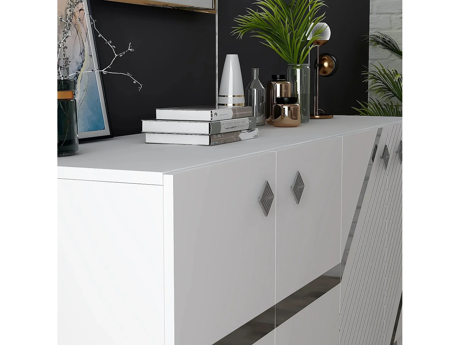 Buffet style art déco Ekizio L150cm Blanc et Effet miroir Argent