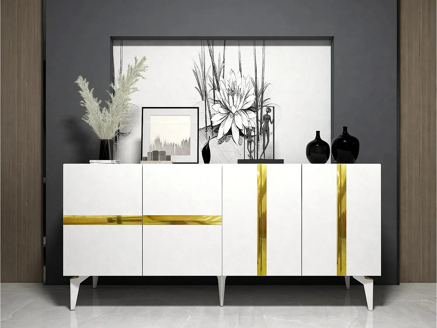 Buffet style art déco Vanda L150cm Blanc et Effet miroir Or