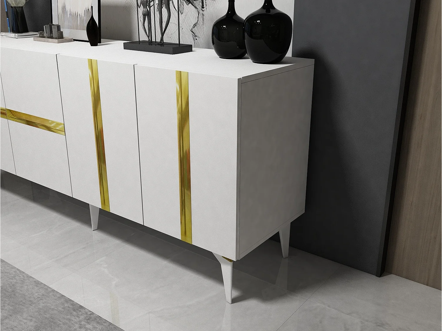 Buffet style art déco Vanda L150cm Blanc et Effet miroir Or