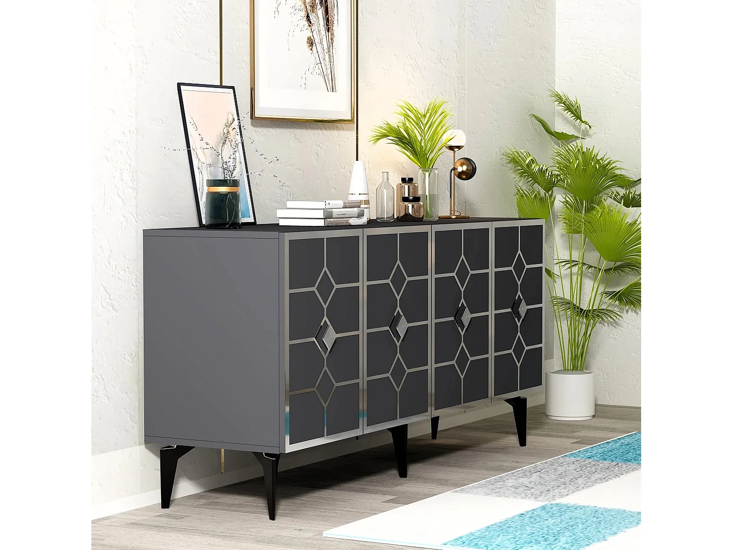 Aparador – 150 x 40 x 79 cm – Antracite e Prata – Painel de Partículas