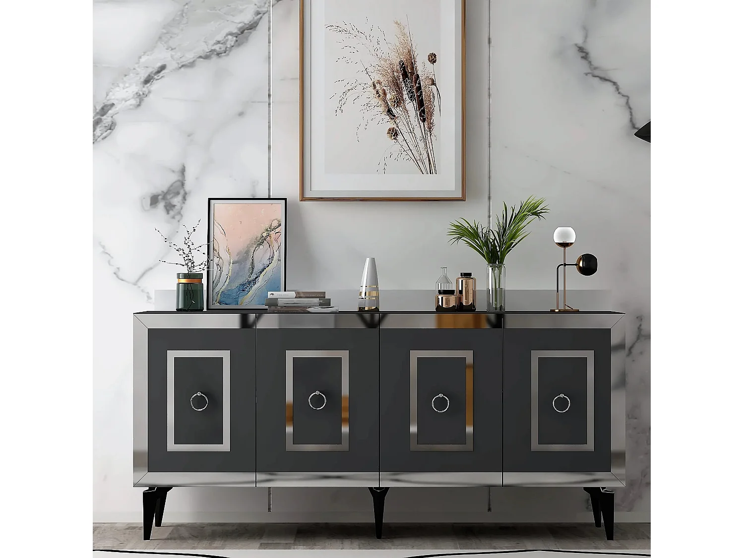 Komoda – 150 x 40 x 79 cm – Antracyt i srebro – Płyta wiórowa pokryta melaminą