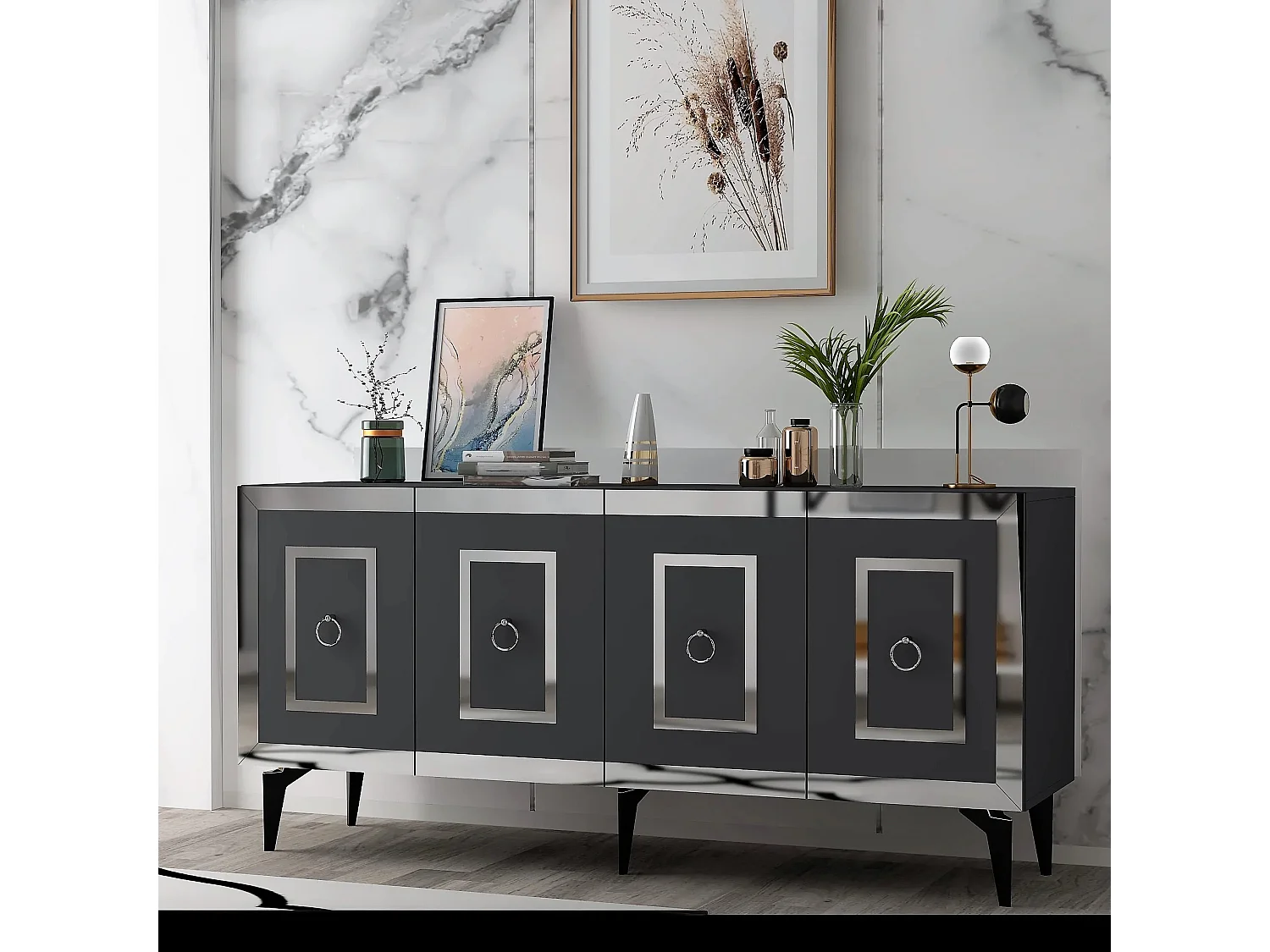 Komoda – 150 x 40 x 79 cm – Antracyt i srebro – Płyta wiórowa pokryta melaminą