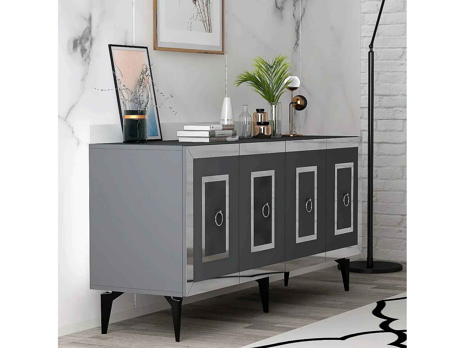 Komoda – 150 x 40 x 79 cm – Antracyt i srebro – Płyta wiórowa pokryta melaminą