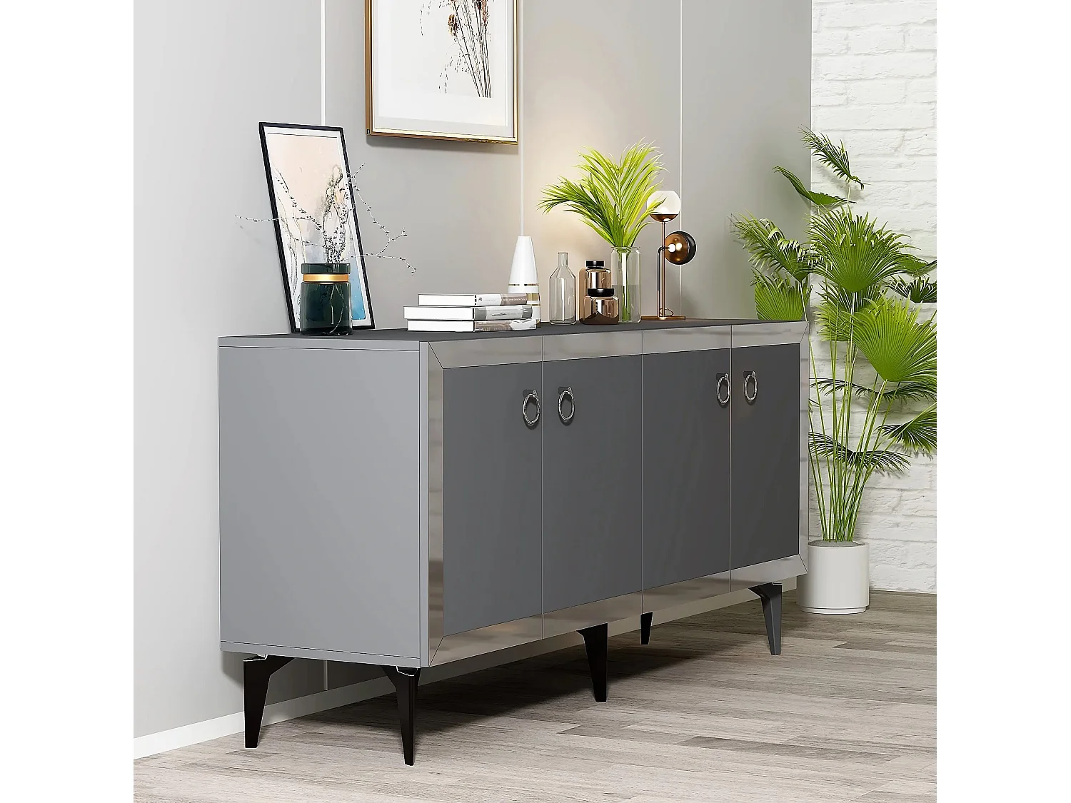 Aparador – 150cm x 40cm x 79cm – Antracite e Prata – Painéis de Partículas