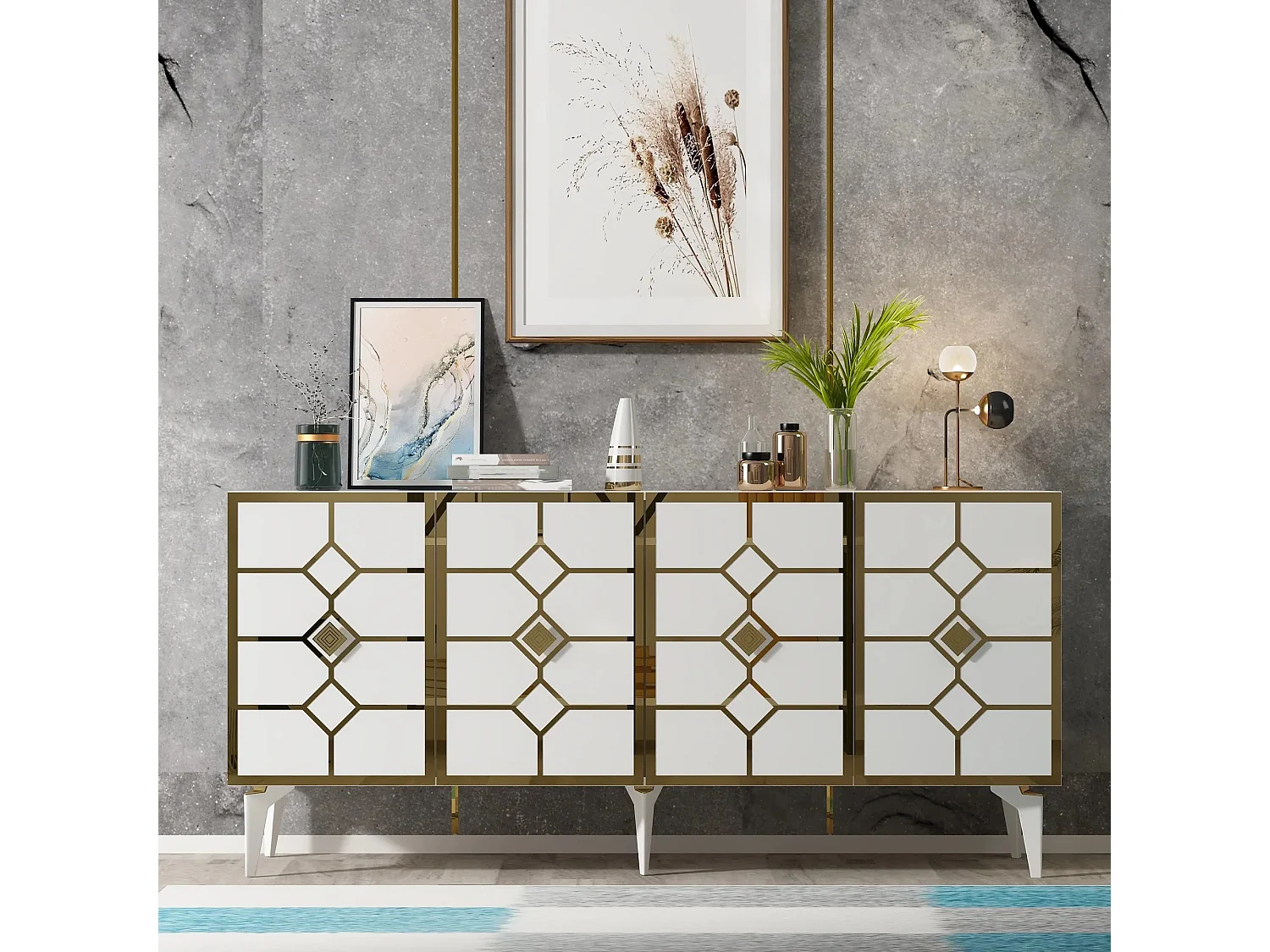 Buffet style art déco Edwood L150cm Bois Blanc et Effet miroir Or