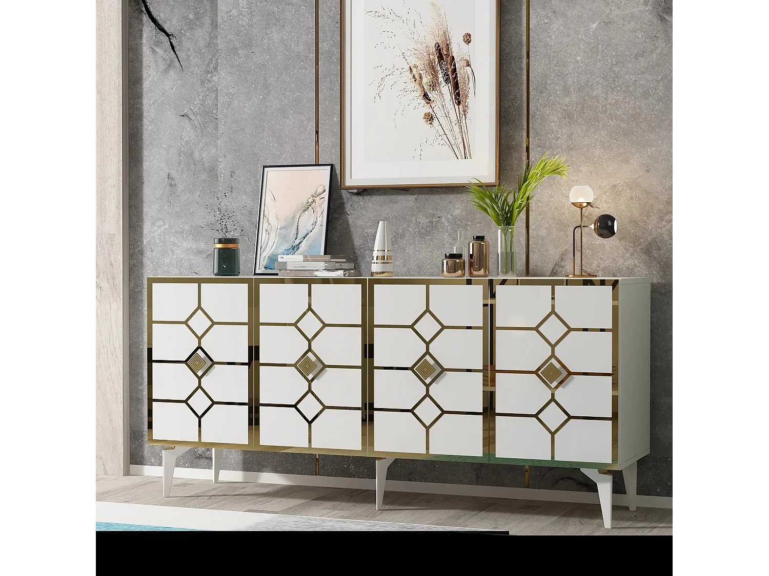 Buffet style art déco Edwood L150cm Bois Blanc et Effet miroir Or