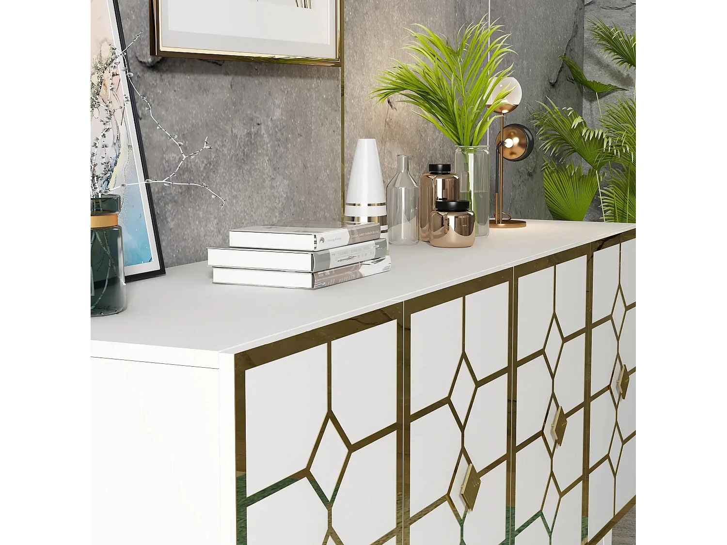 Buffet style art déco Edwood L150cm Bois Blanc et Effet miroir Or