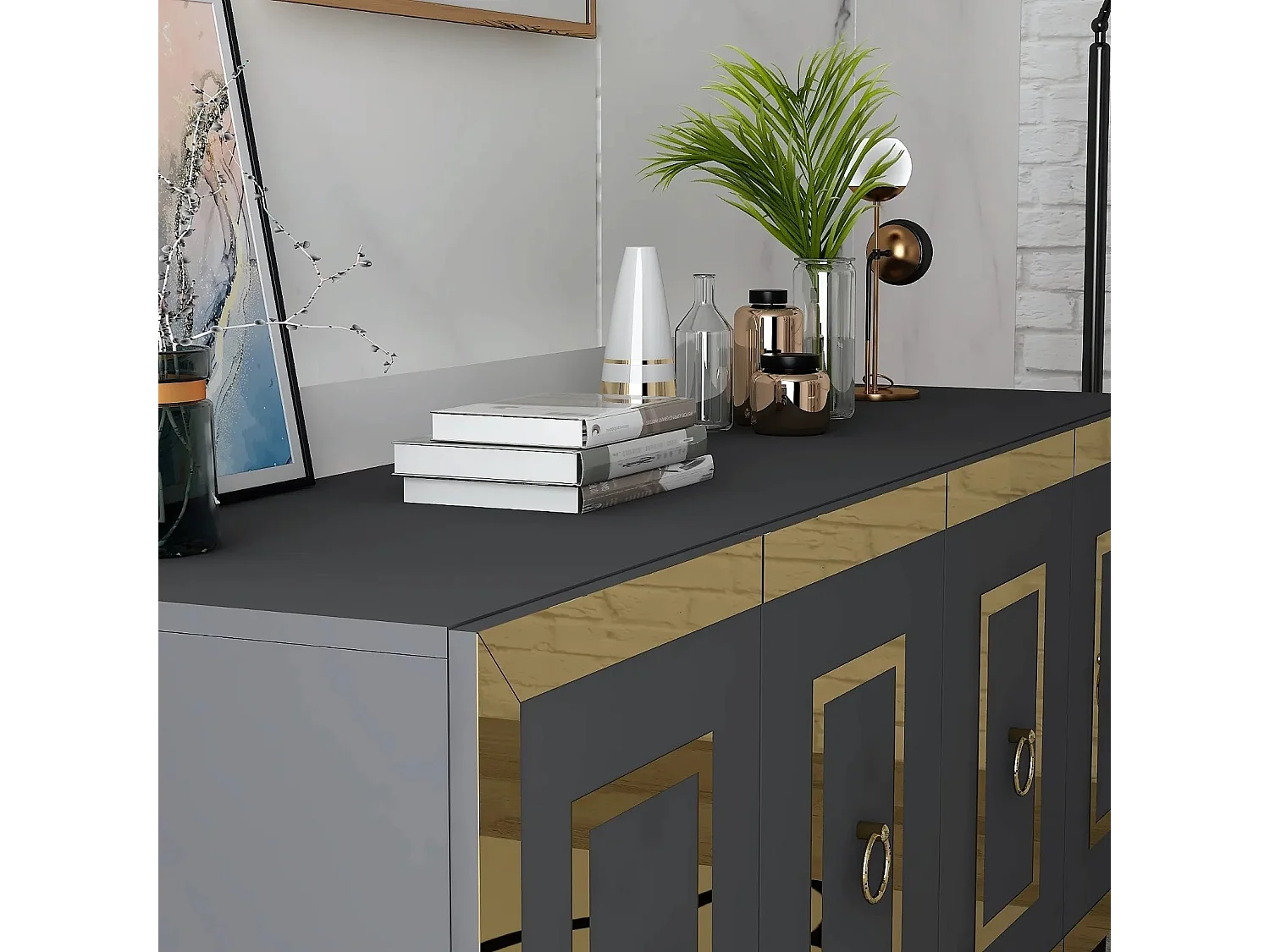 Aparador – 150 cm x 40 cm x 79 cm – Antracite e Dourado – Painéis de Partículas Revestidos a Melamina