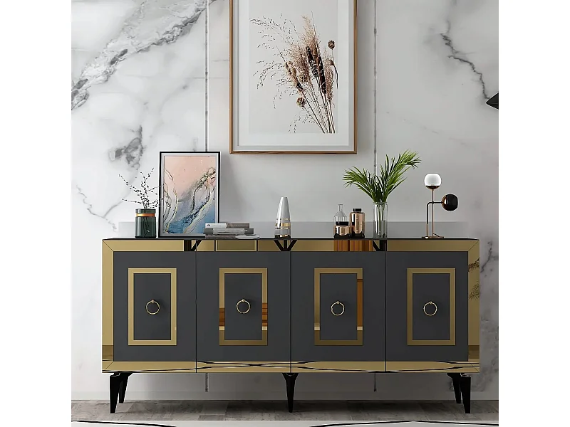 Aparador – 150 cm x 40 cm x 79 cm – Antracite e Dourado – Painéis de Partículas Revestidos a Melamina