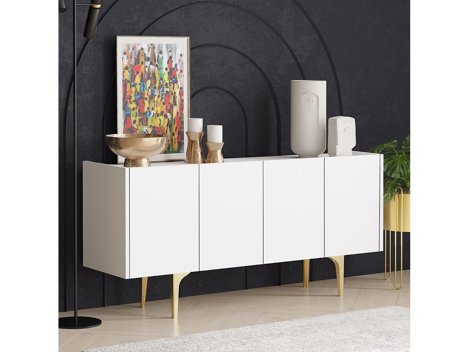 Aparador – 150 cm x 75 cm x 40 cm – Branco e Dourado – 100% Melamina Revestida