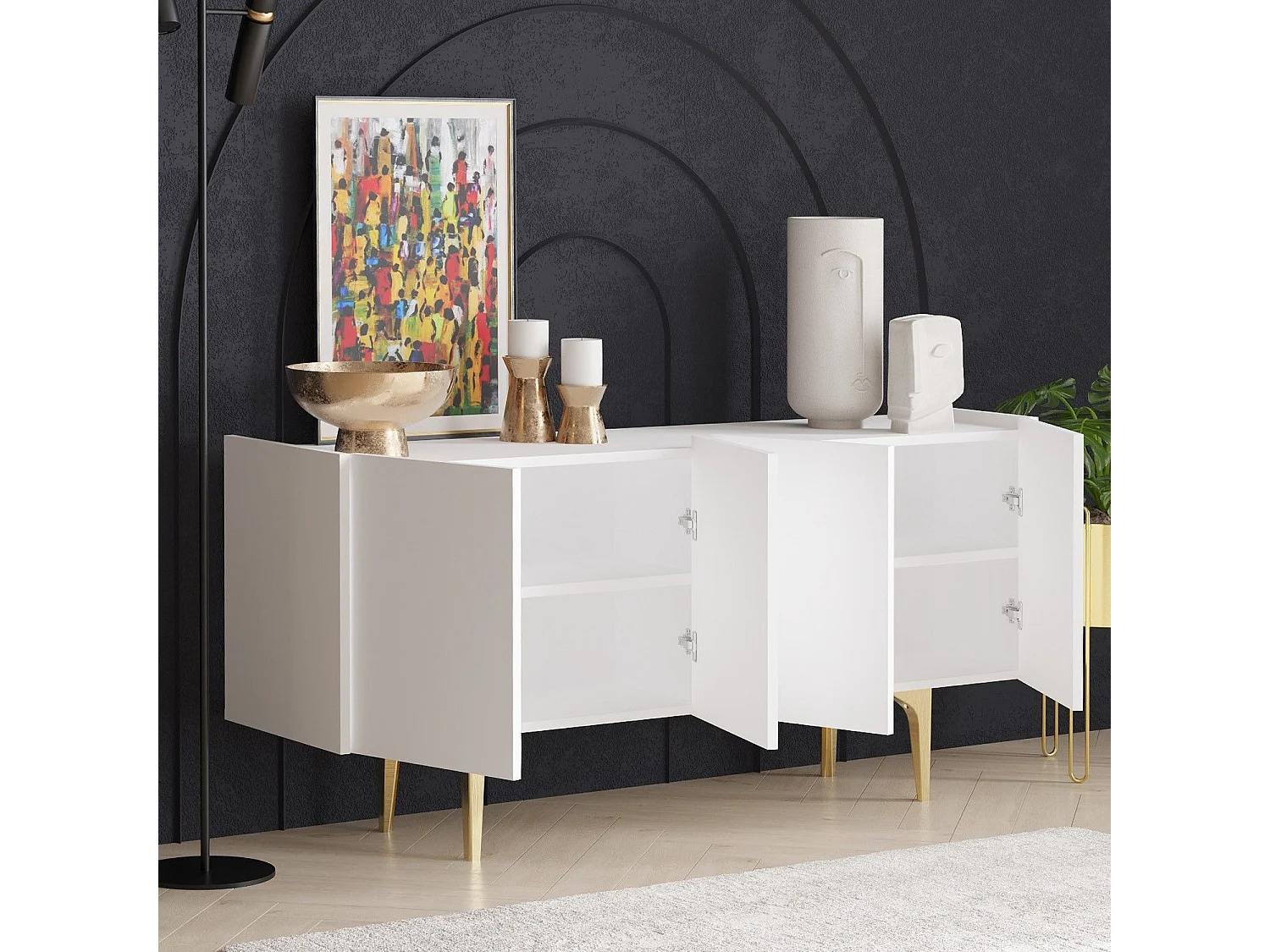 Aparador – 150 cm x 75 cm x 40 cm – Branco e Dourado – 100% Melamina Revestida