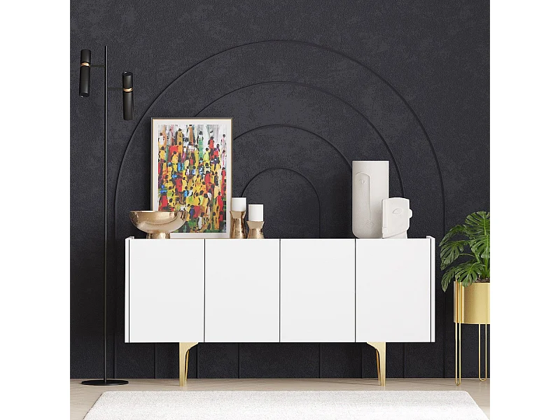 Aparador – 150 cm x 75 cm x 40 cm – Branco e Dourado – 100% Melamina Revestida