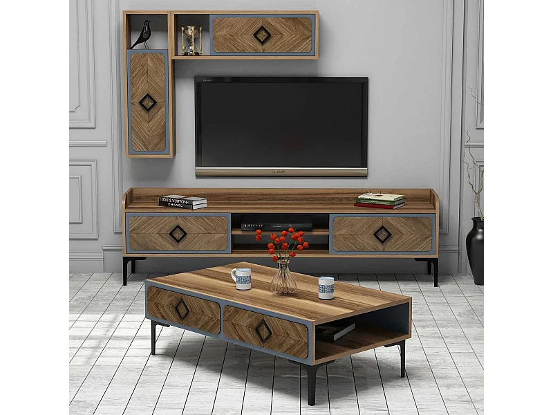 Ensemble de Meubles de Salon lebon 3 meubles Bois foncé et Bleu