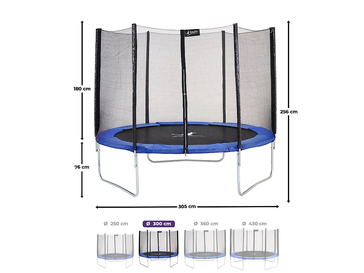 Trampoline rond Bleu Ø300cm avec filet, échelle, bâche et kit ancrage