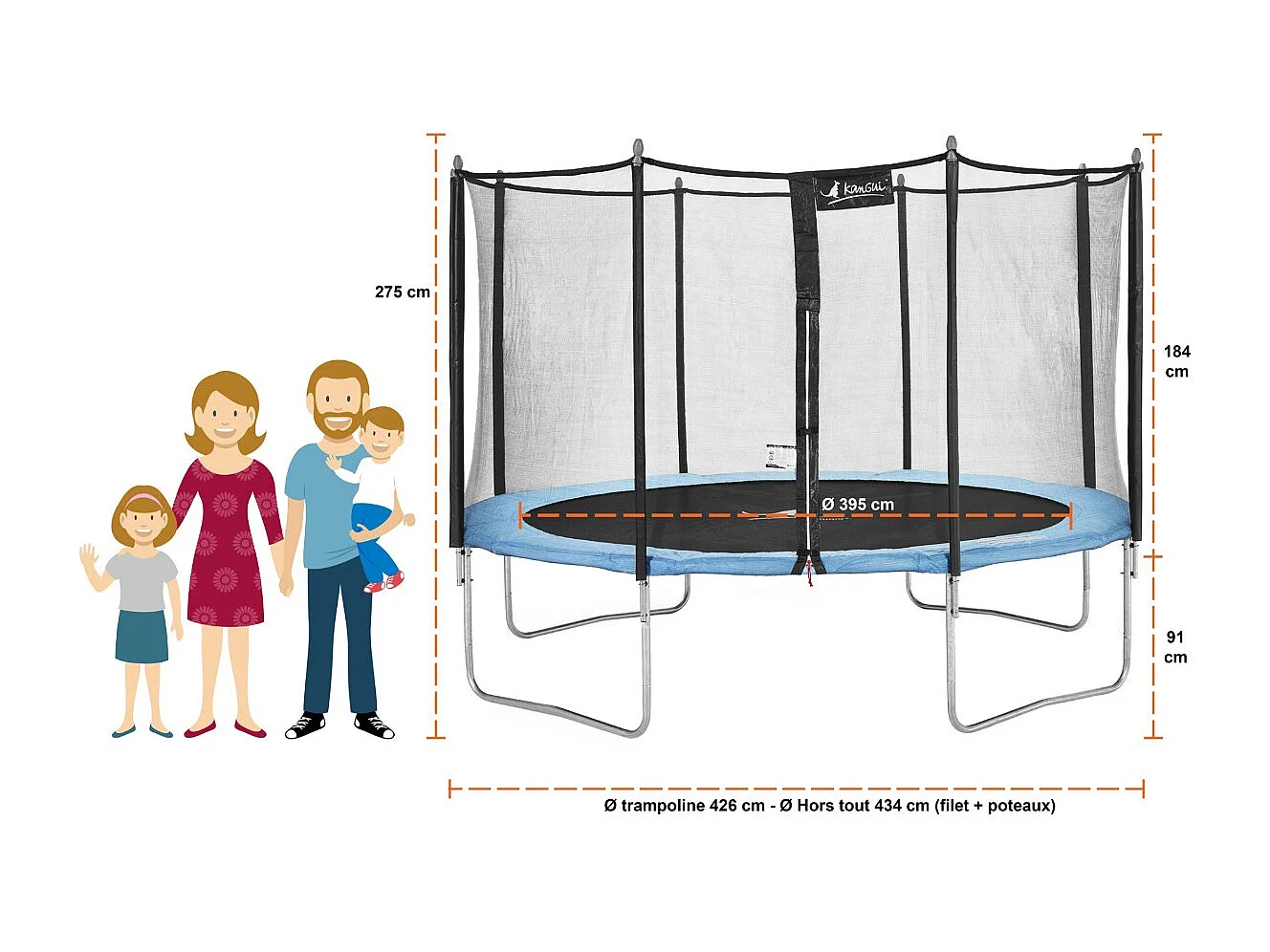 Kangui - Trampoline de jardin 426 cm + filet de sécurité + échelle + bâche de protection + kit d'ancrage | Normes EU | Montage facile