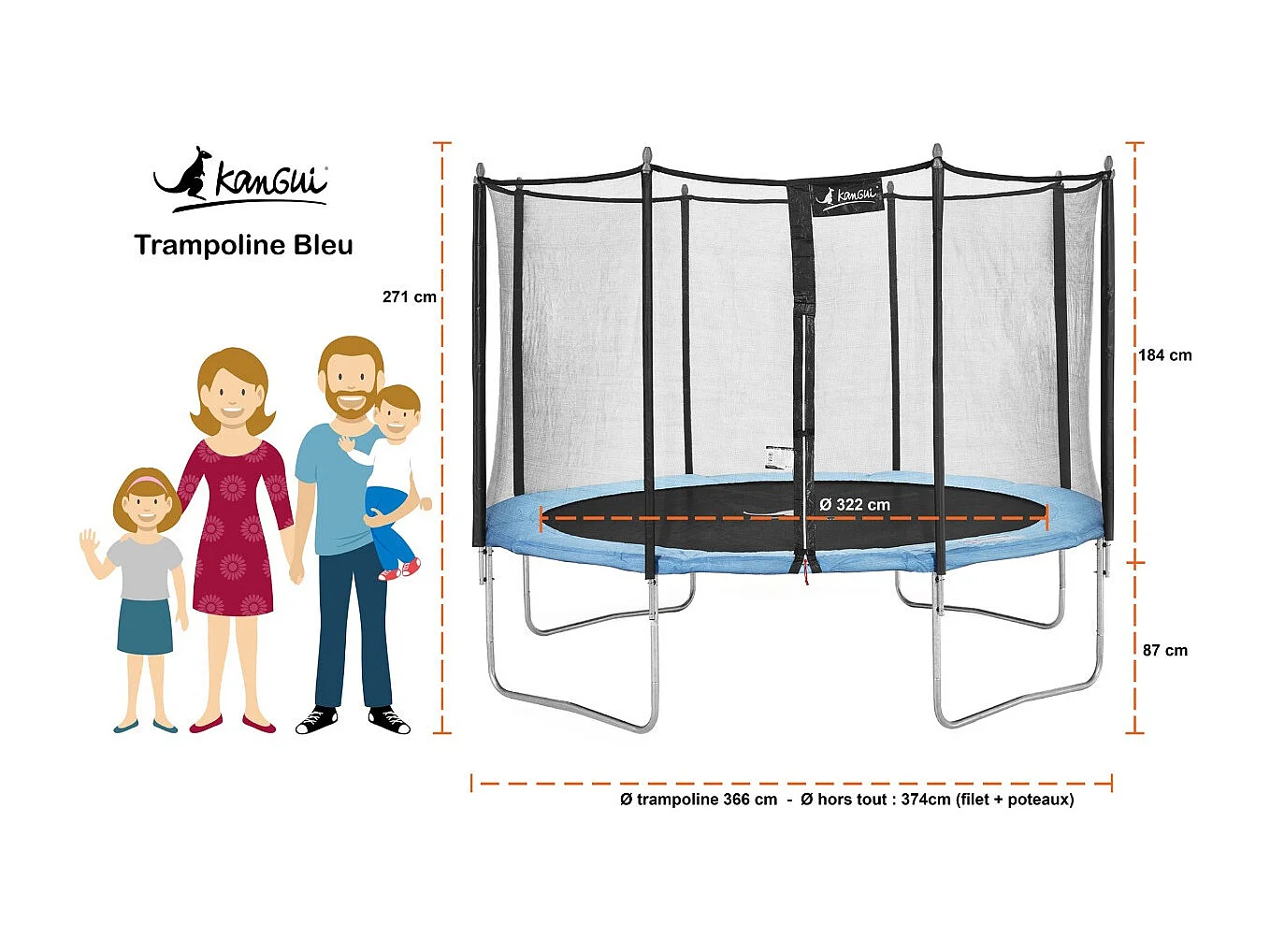 Kangui - Trampoline de jardin 366 cm + filet de sécurité + échelle + bâche de protection + kit d'ancrage | Normes EU | Montage facile